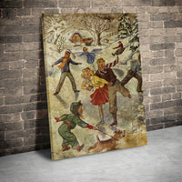 Nostalgic Winter Snow Scene Canvas, Vintage Ice Skating Canvas Wall Art, Christmas Holiday Wall Decor Canvas Print, Seasonal Home Decor