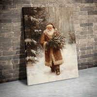 Brown Coat Woodland Forest Santa Canvas, Vintage Santa Claus Wall Art, Rustic Christmas Wall Decor, Nostalgic Holiday Winter Canvas Print