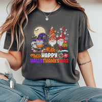 Adorable Halloween Thanksgiving Christmas Holiday Tee, Hallothanksmas Gnome T-Shirt, Festive Fall Winter Gnome Graphic Shirt, Holiday Present