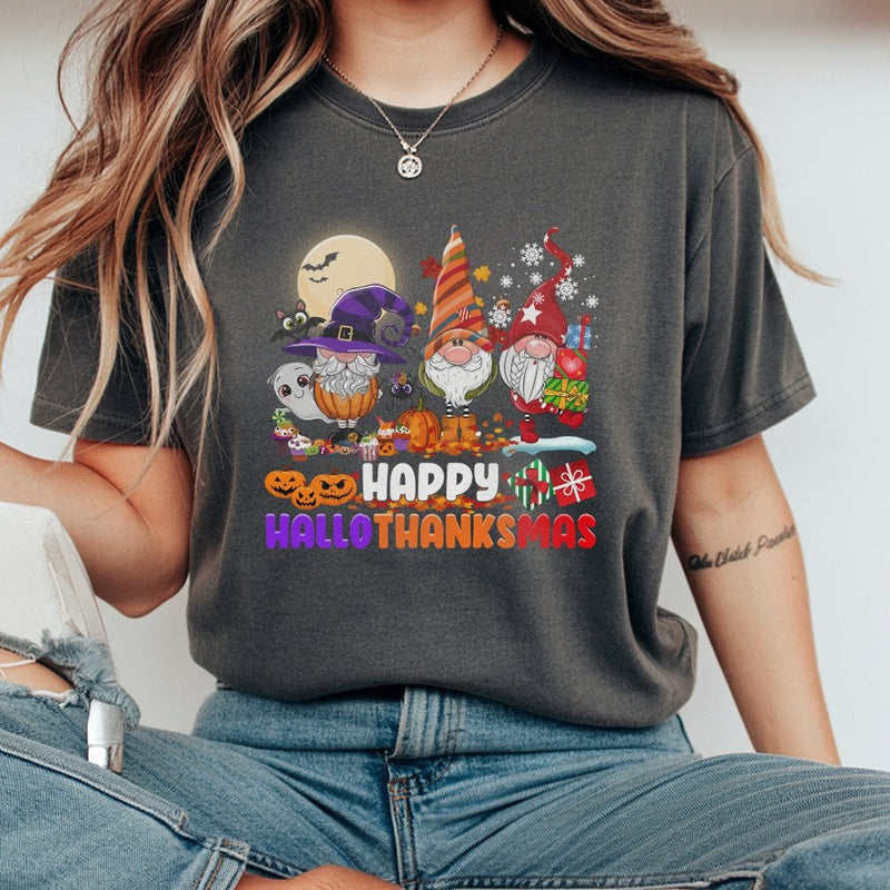Adorable Halloween Thanksgiving Christmas Holiday Tee, Hallothanksmas Gnome T-Shirt, Festive Fall Winter Gnome Graphic Shirt, Holiday Present