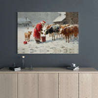 Snowy Farm Christmas Canvas Wall Art, Santa Feeding Cows Canvas Print, Rustic Farmhouse Winter Canvas Decor, Holiday Cattle Canvas Artwork