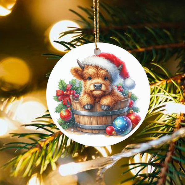Adorable Cow in Bucket Ornament, Baby Highland Cow Christmas Ornament, Farmhouse Animal Ceramic Ornament, Rustic Holiday Tree