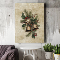 Rustic Holly Pine Holiday Print, Vintage Christmas Bells Canvas Wall Art, Seasonal Winter Home Decor, Traditional Xmas Canvas Decor Present