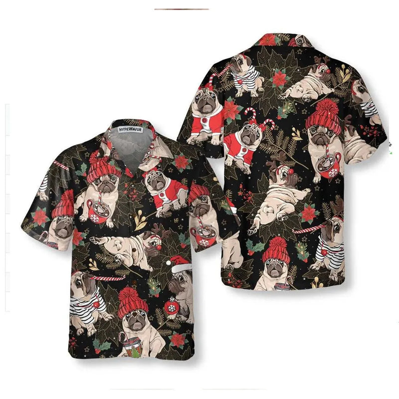 Festive Dog Holiday Aloha Shirt, Merry Pug Christmas Hawaiian Shirt, Humorous Pug Lover Button Down Shirt, Adorable Xmas Dog Lover Graphic Shirt