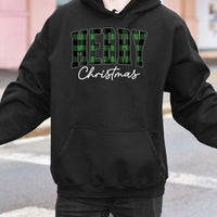 Green Plaid Buffalo Check Sweatshirt, Merry Christmas Hoodie, Rustic Winter Tree Holiday Pullover, Comfy Xmas Apparel Present for Women