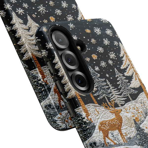 Snowy Forest Textured Stitch Look Phone Cover, Winter Deer Samsung Galaxy Phone Case, Comfy Christmas Dual Layer Tough Phone 