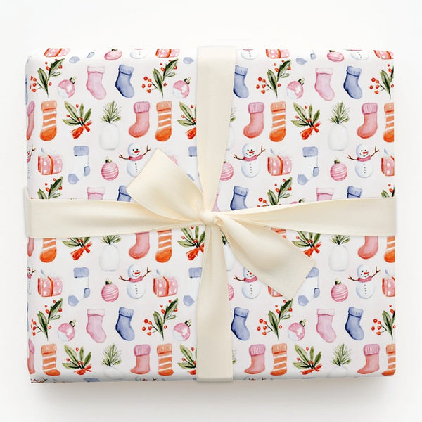 Christmas Icons Wrapping Paper, Watercolor Snowman Stocking Wrapping Paper, Festive Holiday Wrapping Paper Roll, Winter Prese