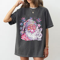 Retro Peace Sign Santa T-Shirt, Disco Santa Christmas Shirt, Bubble Gum Graphic Tee, Trendy Y2K Holiday Top, Xmas Present for Women and Teens