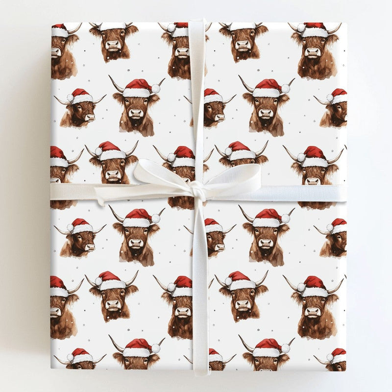 Santa Hat Cow Gift Wrap, Highland Cow Christmas Wrapping Paper, Rustic Farm Animal Wrapping Paper, Farmhouse Christmas Gift Wrap Roll