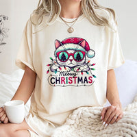 Humorous Cat Santa Hat Shirt, Meowy Christmas T-Shirt, Adorable Holiday Kitten Tee, Retro Christmas Cat Graphic Tee, Xmas Present for Cat Lovers