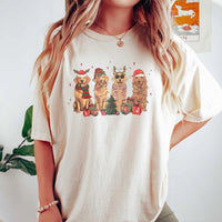Festive Dog Mom Holiday Graphic Tee, Golden Retriever Christmas T-Shirt, Adorable Puppy Santa Hat Shirt, Winter Holiday Dog Lover T-Shirt