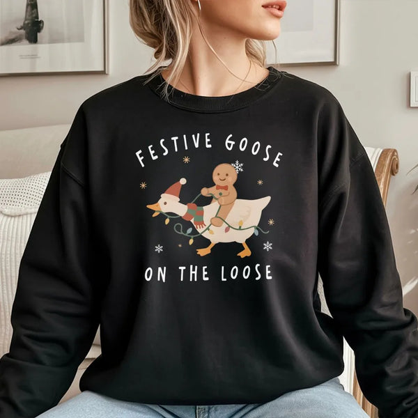 Humorous Christmas Goose Crewneck, Festive Goose on the Loose Sweatshirt, Gingerbread Man Riding Goose Pullover, Holiday Swea