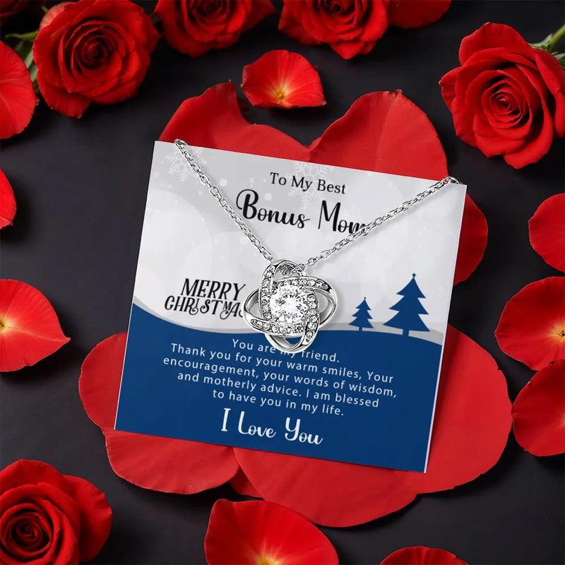 Stepmother Pendant Necklace, Bonus Mom Love Knot Necklace, Sparkling CZ Knot Necklace, Rotating Rose Box Jewelry, Mother Christmas Present