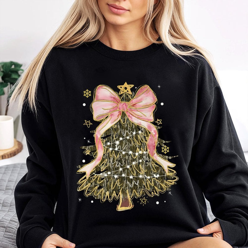 Pink Coquette Bow Holiday Sweater, Camo Christmas Tree Sweatshirt, Camouflage Christmas Crewneck, Adorable Winter Pullover, Xmas Present for Her