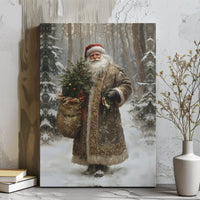Snowy Forest Christmas Canvas Art, Vintage Santa Claus Canvas Print, Retro Santa Claus Wall Art, Winter Holiday Santa Decor, Christmas Present