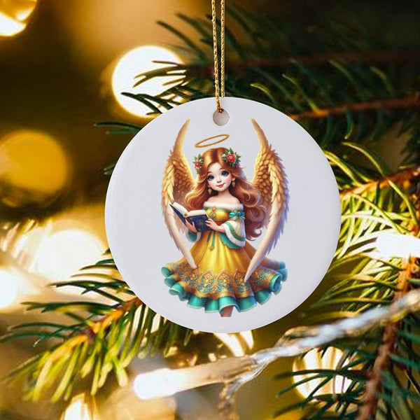 Golden Wings Angel Ornament, Angel Reading Book Christmas Ornament, Religious Angel Ceramic Ornament, Heavenly Holiday Tree P