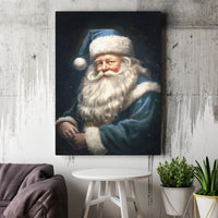 Vintage Winter Holiday Portrait Print, Blue Santa Claus Canvas Wall Art, Rustic Christmas Decor, Nostalgic Father Christmas Art Canvas