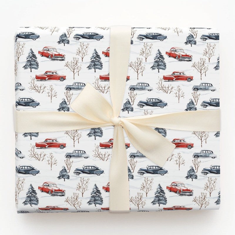 Retro Snowy Forest Gift Wrap, Vintage Car Christmas Wrapping Paper, Classic Car Holiday Wrapping Paper, Winter Vehicle Gift Wrapping Paper
