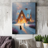 Black Cat and Ghost Wall Art, Spooky Gingerbread House Canvas Art, Adorable Halloween Christmas Canvas Print, Holiday Home Present