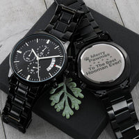 Engraved Chronograph Watch, Merry Pawmas Dog Lover Watch, Personalized Black Watch, Dog Dad Christmas Watch, Holiday Keepsake Present for Men
