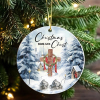 Religious Cross Tree Ornament, Christmas Begins with Christ Ornament, Snowy Village Ceramic Ornament, Christian Holiday Keepsake Decor Present