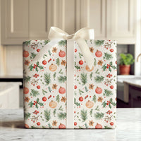 Holly Pine Holiday Gift Wrap, Watercolor Ornaments Christmas Wrapping Paper, Festive Xmas Wrapping Paper, Seasonal Present Gift Wrap Roll