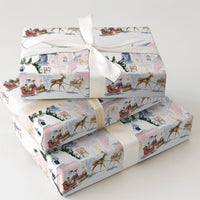 Watercolor Santa Sleigh Gift Wrap, Snowy Village Christmas Wrapping Paper, Whimsical Winter Village Wrapping Paper, Holiday Gift Wrap