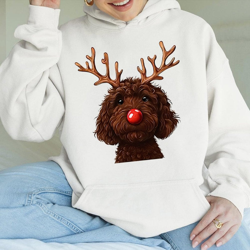 Humorous Christmas Dog Hoodie, Chocolate Doodle Reindeer Hoodie, Adorable Pet Lover Holiday Sweatshirt, Winter Doodle Pullover, Dog Lover Present