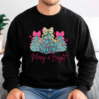 Pink Bow Tree Holiday Crewneck, Merry and Bright Christmas Sweatshirt, Preppy Coquette Xmas Sweater, Adorable Winter Holiday Sweatshirt