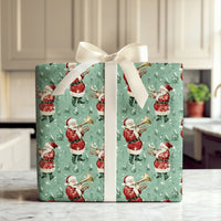 Musical Christmas Gift Wrap, Vintage Santa Band Wrapping Paper, Brass Trumpet Holiday Present Paper, Sage Green Xmas Gift Wrap