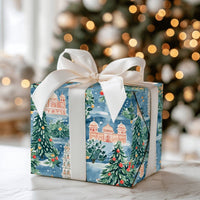 Watercolor Winter City Gift Wrap Roll, Mediterranean Christmas Wrapping Paper, Festive Architecture Wrapping Paper, Holiday Gift Wrap Paper