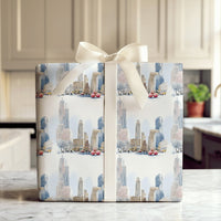 NYC Christmas Cityscape Gift Wrap, Snowy New York City Wrapping Paper, Watercolor Holiday Wrapping Paper, Winter City Gift Wrap Roll