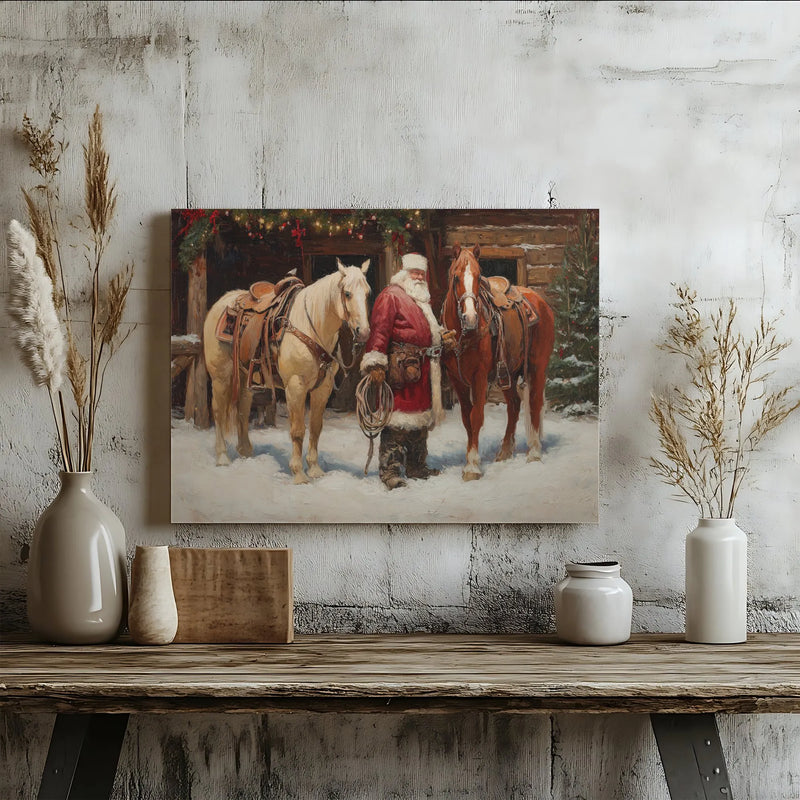 Western Christmas Canvas Print, Cowboy Santa Claus Canvas Wall Art, Rustic Farmhouse Holiday Canvas Decor, Horse Lover Festive Xmas Present