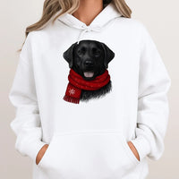 Adorable Dog Red Scarf Hoodie, Black Labrador Christmas Hoodie, Festive Pet Lover Sweatshirt, Black Lab Hooded Sweatshirt, Winter Dog Mom Present