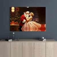 Retro Christmas Kissing Couple Poster, Vintage Santa Canvas Art, Holiday Santa Canvas Print, Printable Xmas Wall Decor, Holiday Present