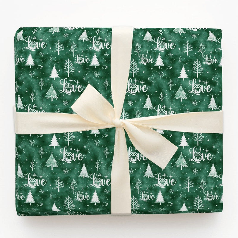Holy Family Holiday Gift Wrap, Nativity Love Christmas Wrapping Paper, Emerald Green Christian Paper, Winter Snowflake Present Wrap