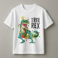 Humorous Dinosaur Holiday Graphic Tee, Tree Rex Christmas T-Shirt, Adorable Trex Xmas Tree Shirt, Retro Dino Winter Holiday T-Shirt, Present for Kids