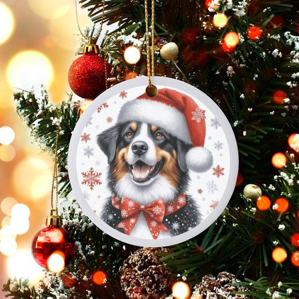 Aussie Santa Hat Dog Ornament, Australian Shepherd Christmas Ornament, Puppy Ceramic Holiday Tree Ornament, Adorable Dog Love