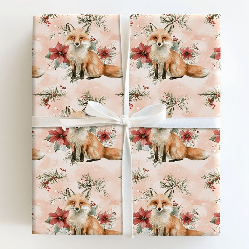 Watercolor Poinsettia Gift Wrap, Winter Fox Wrapping Paper, Woodland Red Fox Wrapping Paper, Christmas Holiday Floral Gift Wrap