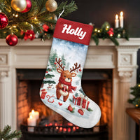 Snow Scene Winter Holiday Stocking, Adorable Reindeer Christmas Stocking, Personalized Christmas Stocking, Kids Family Mantle Decor Present