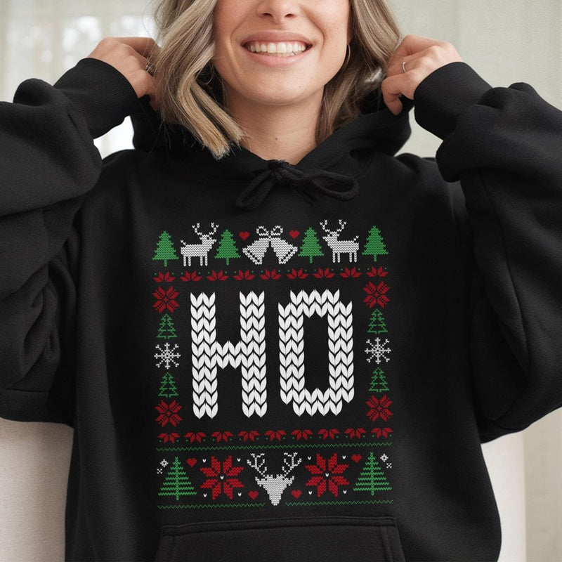 Humorous Holiday Graphic Hoodie, Ho Ho Ho Ugly Christmas Hoodie, Xmas Party Matching Couples Hoodie, Winter Season Hooded Sweatshirt Present