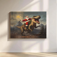 Humorous Dinosaur Christmas Wall Art, Santa Riding T-Rex Canvas Print, Humorous Santa TRex Canvas Decor, Unique Holiday Dino Present