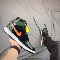 Sneakers, Black Green Orange Colorway, Patent Leather Footwear, Lace Up Design, Casual Gift for Sneaker Fans