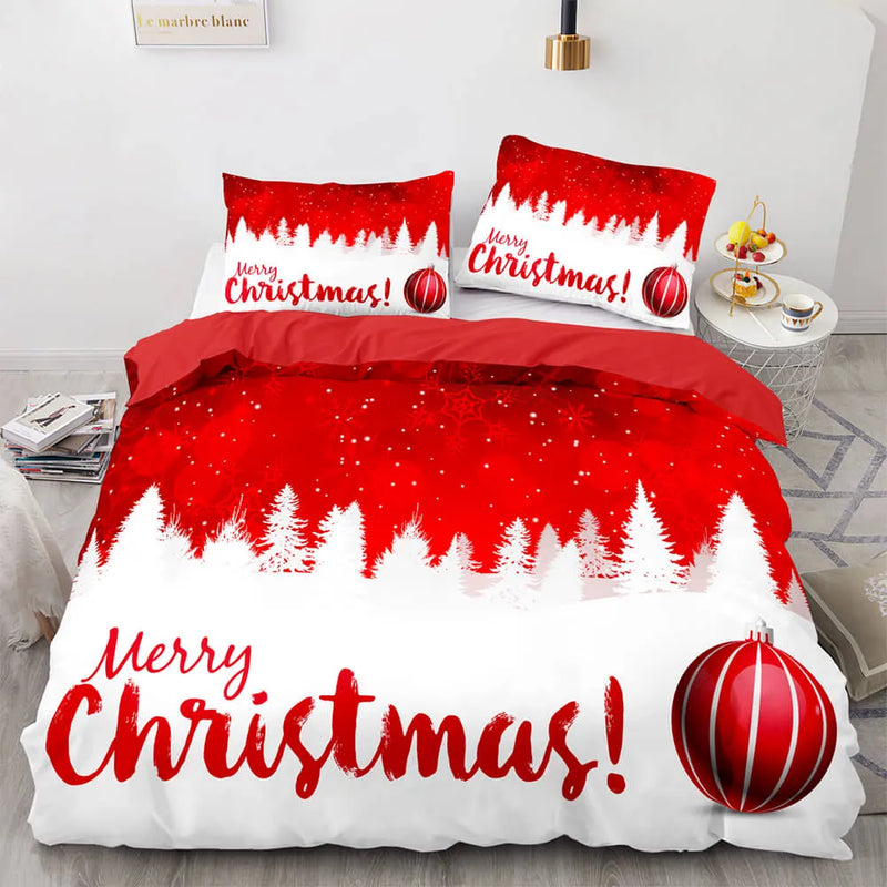 Snowy Pines Holiday Bedding Set, Merry Christmas Winter Forest Duvet Cover Set, Microfiber Festive Quilt Cover, Xmas Bedroom Decor