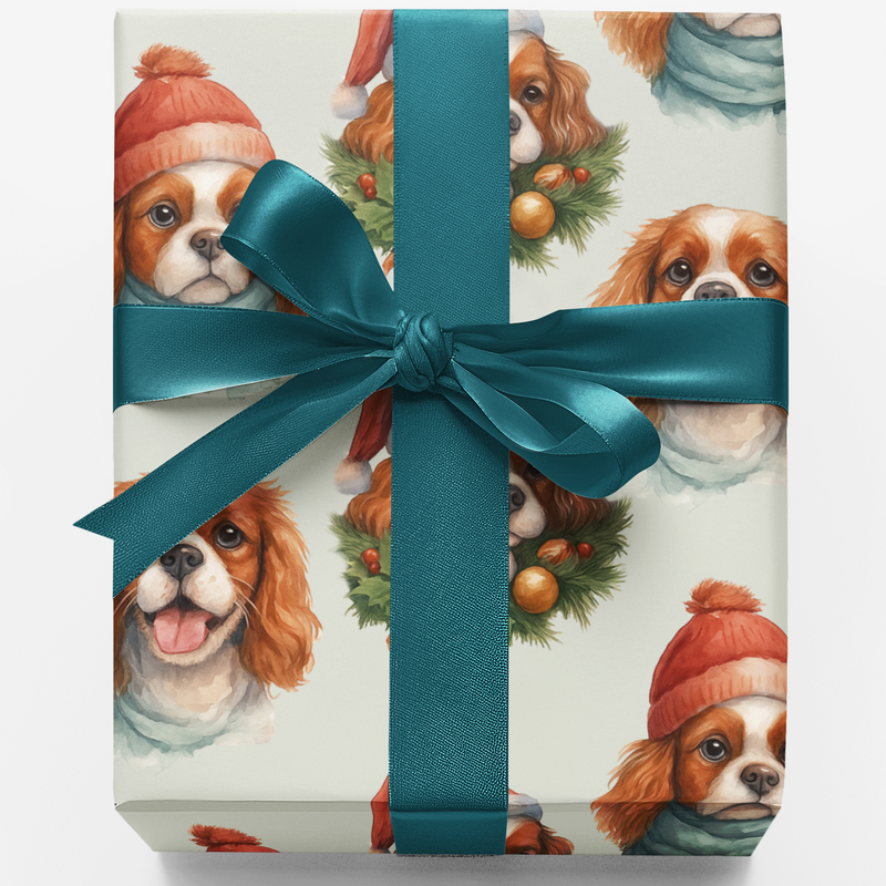 Holiday Dog Gift Wrap, Cavalier King Charles Spaniel Wrapping Paper, Christmas Puppy Wrapping Paper, Adorable Spaniel Present Wrap