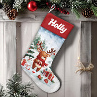 Snow Scene Winter Holiday Stocking, Adorable Reindeer Christmas Stocking, Personalized Christmas Stocking, Kids Family Mantle Decor Present