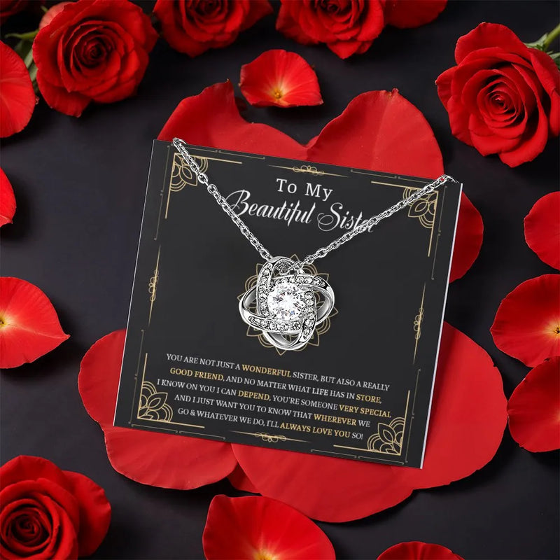 Eternal Bond Knot Pendant, Sister Love Knot Necklace, CZ Crystal Love Knot Jewelry, Rotating Rose Box Necklace, Birthday Christmas Present