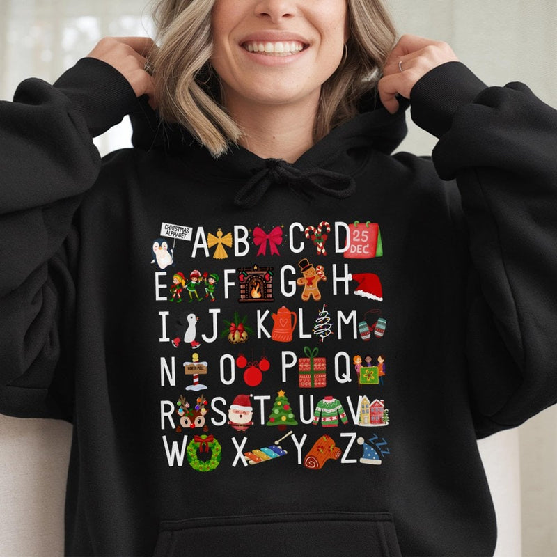 Holiday ABC Teacher Hoodie, Christmas Alphabet Hoodie, Festive Teacher Christmas Hoodie, Winter Educator Hooded Sweatshirt Present