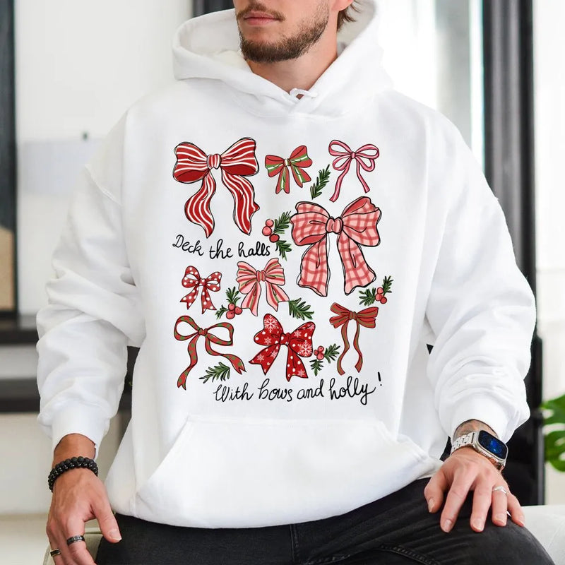 Deck the Halls with Bows and Holly Sweatshirt, Retro Christmas Hoodie, Coquette Holiday Hoodie, Adorable Xmas Hooded Sweatshirt