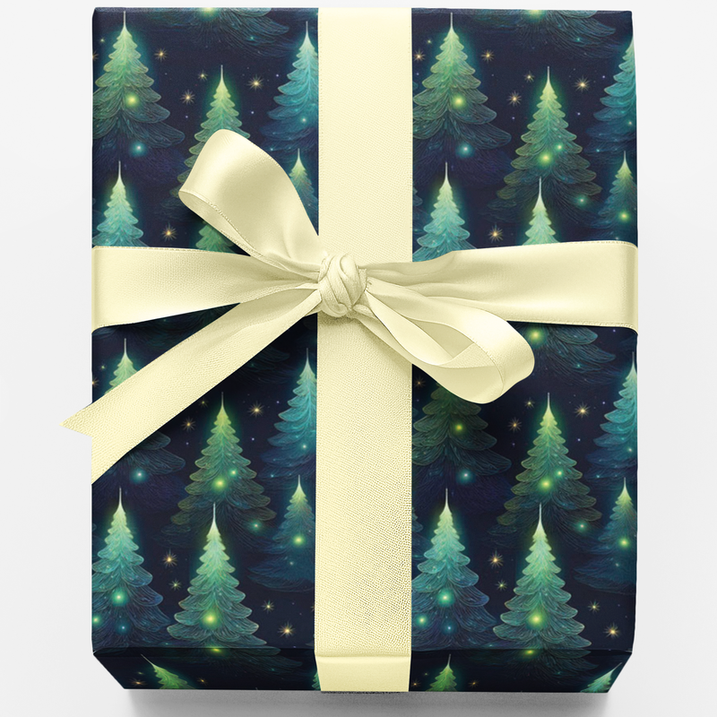 Twinkle Tree Holiday Gift Wrap, Winter Forest Christmas Wrapping Paper, Golden Lights Festive Wrapping Paper, Winter Season Present Paper